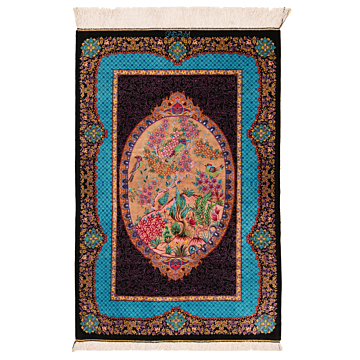 Qom Pure Silk Persian Rug Blue 90 x 60 cm
